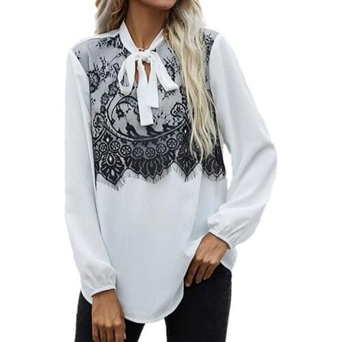 New Autumn Women T-Shirt Elegant Black Lace Stitching Casual Office Ladies T Shirts Puff Long Sleeve Bowknot Lace Up Tops