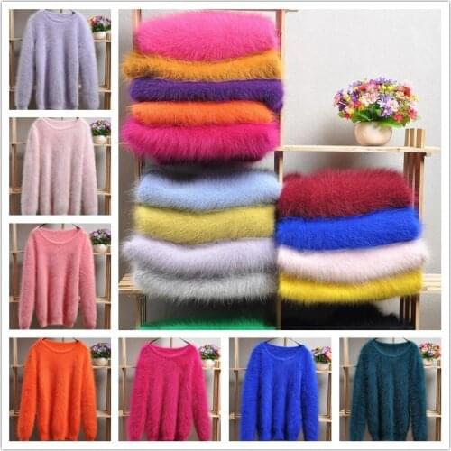 Ladies women fashion colorful rainbow hairy mink cashmere knitted long sleeves slim cardigans angora fur jacket coat sweater top