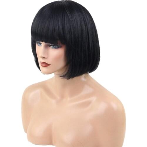 Women Short Natural Black Straight Bob 100% Real Human Hair Wigs with Cap