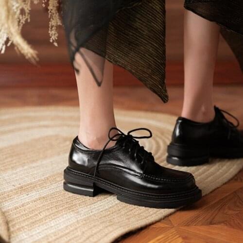 2021 New Autumn Women Shoes Cow Leather Round Toe Chunky Heel Loafers Women Brown/Black Platform Casual Lace-Up Flats