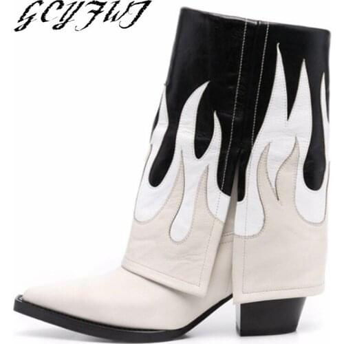 Womens Mid Calf Boots 2021 Autumn And Winter Fashion New Western Female Shoes Pointed Toe Crude Heel Flame Fashion Botas Mujer