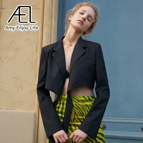 AEL Short Blazer Women Lace Up Long Sleeve Notched Neck Crop Top Casual Streetwear Black