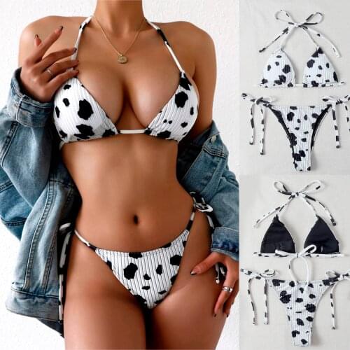 Women Push Up Swimwear 2 Pieces Sexy Bikinis Mujer 2021 Set Steel Color Matching Swimsuit High Waist Cows Print Beachwear New