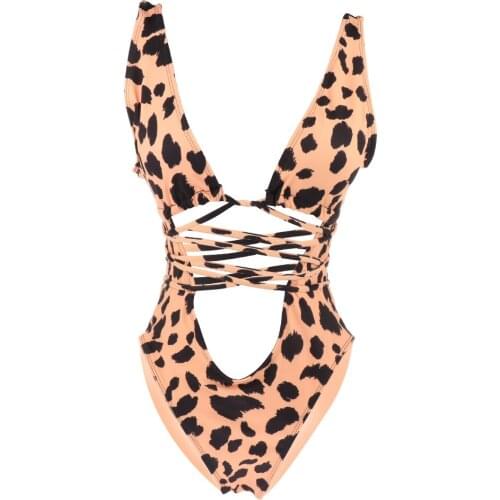 Women Leopard Print One Piece Swimsuit Swimwear Bandage High Cut Monokini Bathing Suit