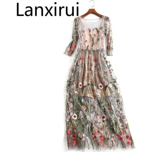 Vestidos Floral Bohemian Flower Embroidered Vintage Boho Mesh Embroidery Dresses Women New Party Embroidery Dresses