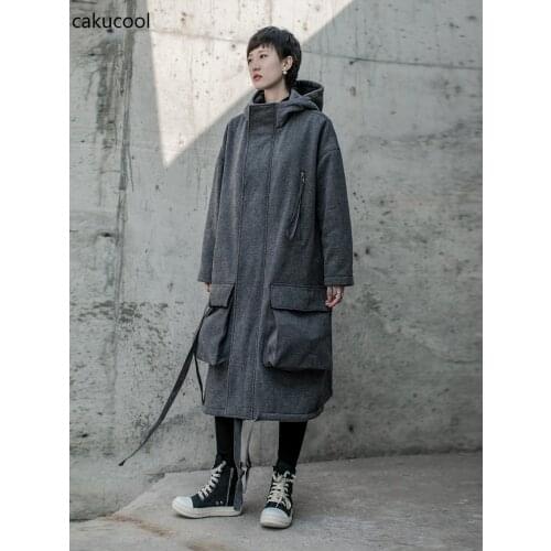 Cakucool 2019 dark wind neutral big pocket long over the knee thickening fleece ladies coat