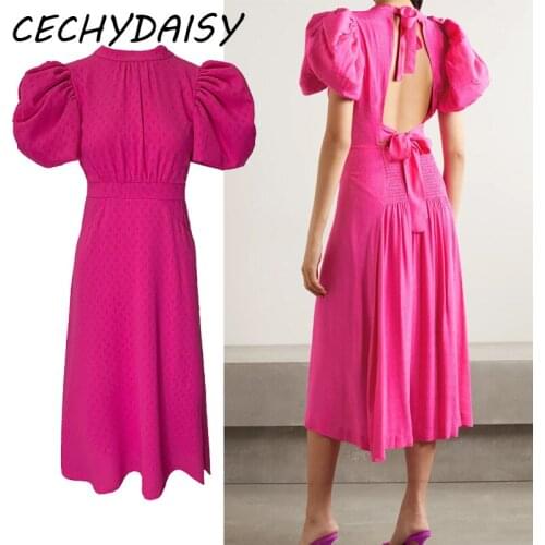 Runway Dress 2021 New Fashion High Waist Pink Solid Puff Sleeve Hollow Out Sexy Backless Women Clothes Traf Midi Dresses Za Robe