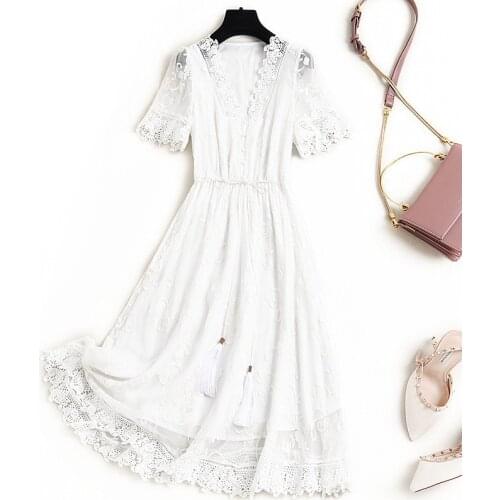 100% Silk Summer Dresses for Women Party 2021 White Lace Dress Female Korean Fashion Midi Dress Elegant Robe Femme Pph5101