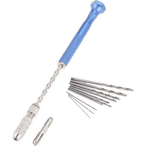 1Pc 0.8-3mm Semi Automatic Spiral Hand Push Drill Pin Vise Chuck & 10Pcs Micro Twist Drill Bits Woodworking DIY Hand Tool Set