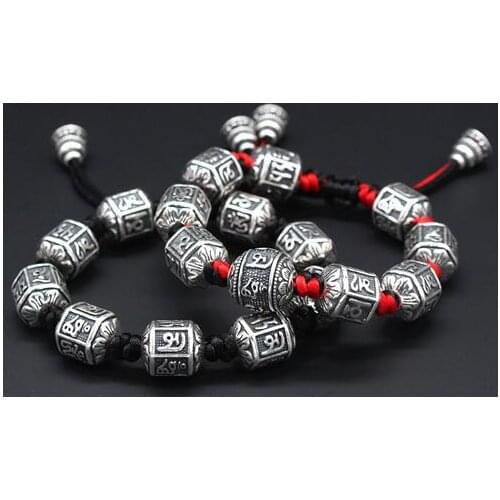 100% 999 Silver Tibetan Six Words Proverb Beads Bracelet Pure Silver Buddhist Mantra Bracelet Tibetan Wrist Mala Bracelet