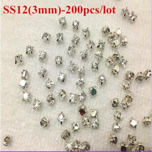 200pcs/pack SS12(3mm) Silver Clear Crystal Glass Sew On Rhinestones Flatback with holes Claw Rhinestone for Garment Making T01
