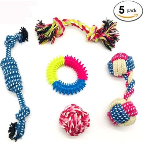 5pcs Dog Toys Set Puppy Chew Toys Durable Cotton Rope Knot Molar Bite Ball Pet Training Toys For Small Medium Dog Clean Teeth