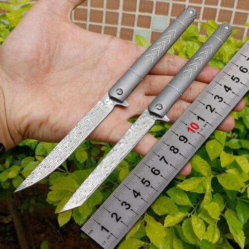 Free shipping Damascus High hardness steel Survival Pocket Knife Outdoor camping survival tool TC4 titanium alloy handle