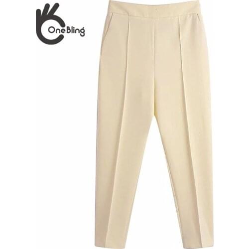 OneBling Za Woman 2021 Casual Traf Career Pant Autumn Zip-Closed High Waist Ankle Length Straight Pant Female Beige Trouser