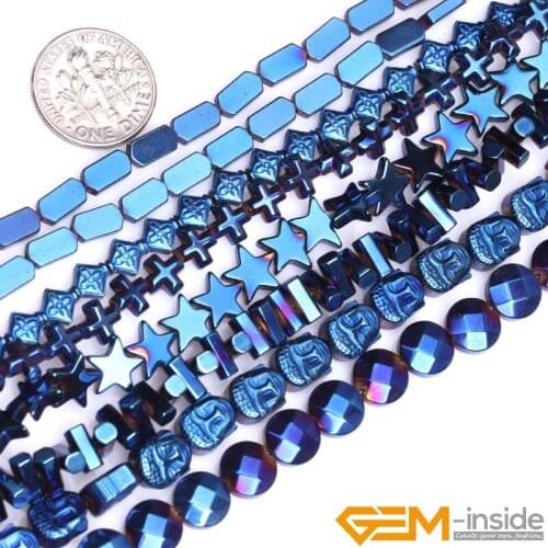 Blue Metallic Coated Rainbow Reflection Hematite Accessories Beads For Jewelry Making Strand 15 Inch Assorted Shapes Select
