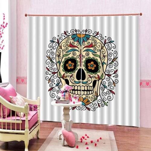 Skulls Decor Shower Curtain Set Colorful Flowers Leaves Patterns In Smily Head Bones Curtains （ left and right Side)