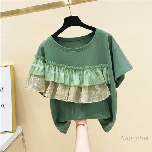Mesh Ruffled Loose Short Sleeve T-shirt Womens Top 2021 Summer Clothing New Fashion Girls Ladies Green Tee Camisetas De Mujer