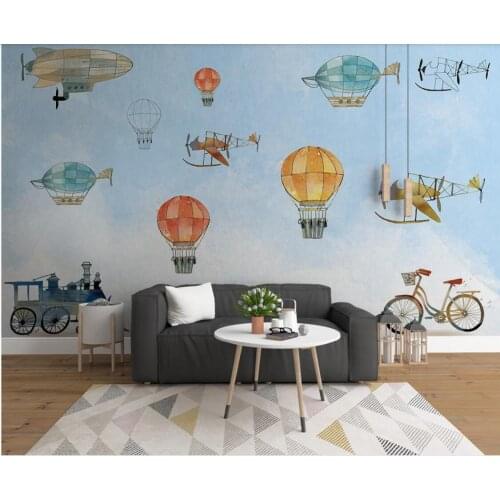 Carton Airplane Kids Room Wallpaper Wall Mural Printed Photo Wall Paper Home Improvement Hot Air Balloon Canvas Papel De Parede