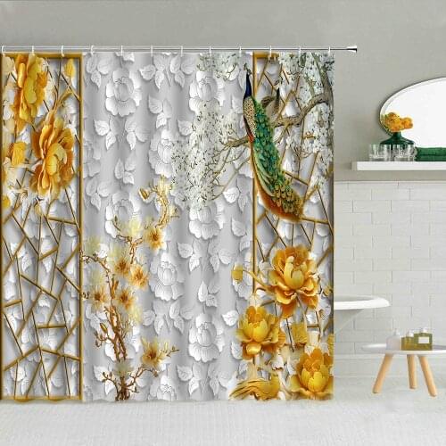 China Wooden Screen Flower Bird Scenery Shower Curtain Peony Peacocks Plant Leaves 3D Waterproof Fabric Bathroom Decor Curtains