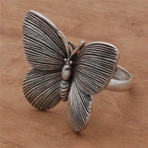 Retro Women Silver color Big Butterfly Design Ring Black Pattern Animal Rings for Women Wedding Engagement Fashion Jewelry