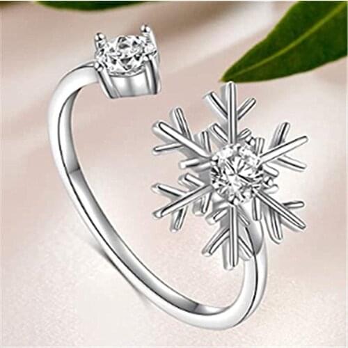 Cute Girl White Crystal Snowflake Jewelry Charm Silver Color Open Wedding Rings For Women Trendy Round Engagement Christmas Gif
