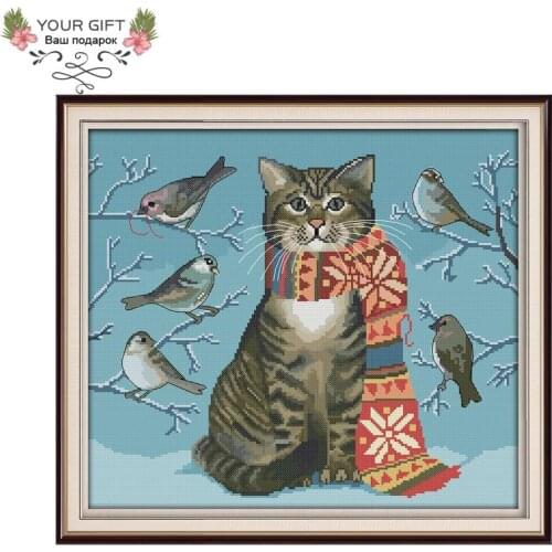 Joy Sunday DA108 14CT 11CT Counted and Stamped Home Decor A Cat And Birds NeedleworkEmbroidery DIY Cross Stitch kits