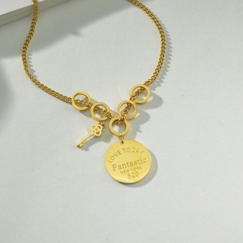 ALLNEWME Hip Hop 2 Styles Circle Letter Printed Key Pendant Necklace for Women Ladies Gold Silver Color Thin Chain Necklace