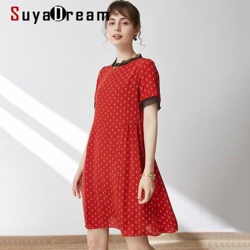 SuyaDream Woman Print Mini Dress 100%Silk Crepe Short Sleeves O neck A-Line Dresses 2021 Spring Summer Dress Red Black