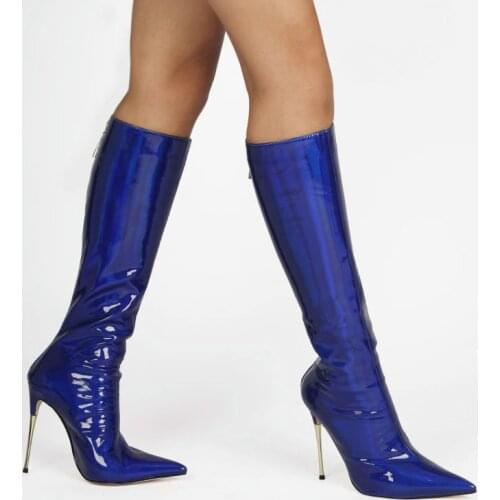 Sexy Metal Stiletto Womens Boots Fashion Zipper Mirror Patent Leather Knee High Boots Ladies Pointed Toe Autumn Winter Shoes
