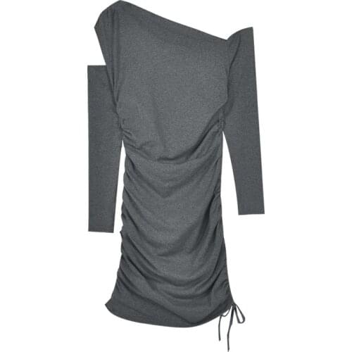 Sexy Ruched Bodycon Mini Dress Women Clothes Fall 2021 Long Sleeve Diagonal Collar Draped Tight Dresses Woman Party Night