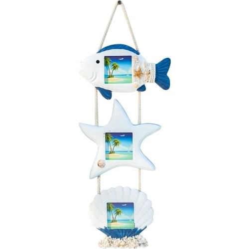 Mediterranean Fish Star Shell Wooden Photo Frames Triple Wall-mounted Hanging Home Decor Wall Art Picture Holder