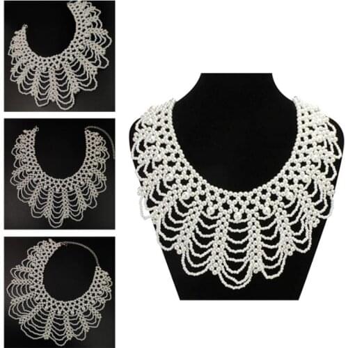 Women Pearl Beaded Bib Choker Necklace Flower Petal Jewelry Fake Collar Dicky