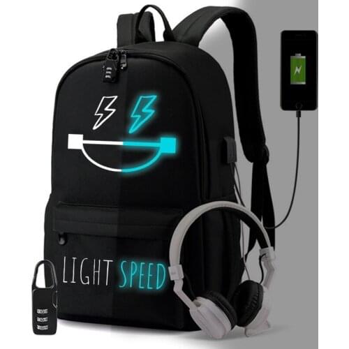 LIGHT SPEED Canvas Luminous Student Backpack for School Teenagers Boys Girls Bookbag USB Waterproof Men Women Travel Bags