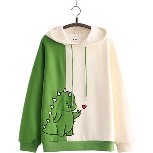 Dinosaur Embroidery Patchwork Women Cotton Hoodies 2021 Winter Full Sleeve Drawstring Hooded Sweatshirts Female Kawaii Pullover