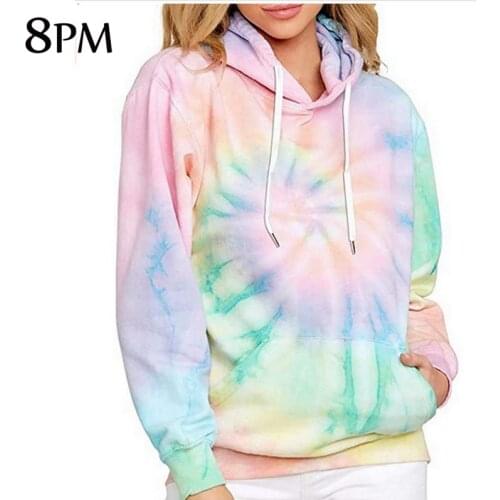 Womens Hoodies Tops Tie Dye Printed Sweatshirt Long Sleeve Pullover Loose Drawstring Hooded with Pocket Fashion ouc1158