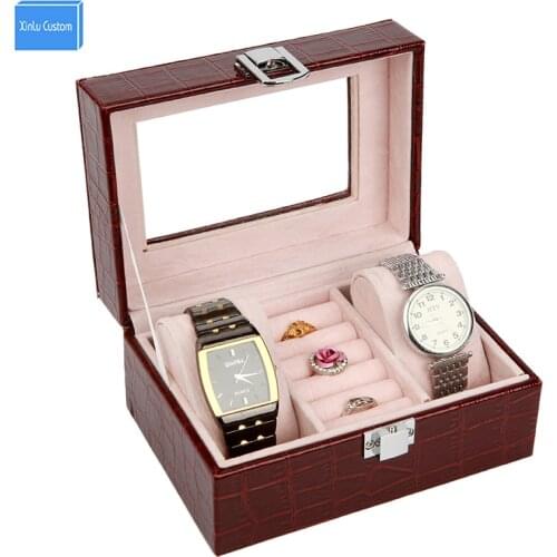 15% Discount Gift Women Black/RedCrocodile Pattem Brand Leather 2 Grids Watch Box Jewelry Ring Collecte Storage Case Organizador