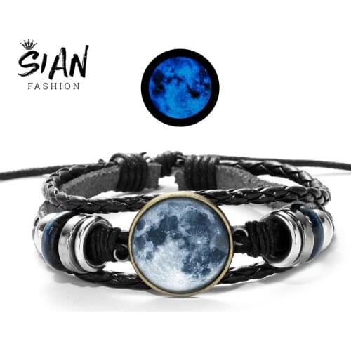 SIAN Novelty Glow In The Dark Moon Bracelet Planet Space Full Moon Art Cabochon Gem Handmade Multi-layer Beaded Bracelet Bangle