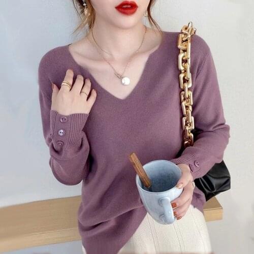 Basic V Neck Sweaters for Women Autumn Solid Knitted Sweater Pullover Fall 2021 Womens Purple Korean Fashion Knit Top Jumper