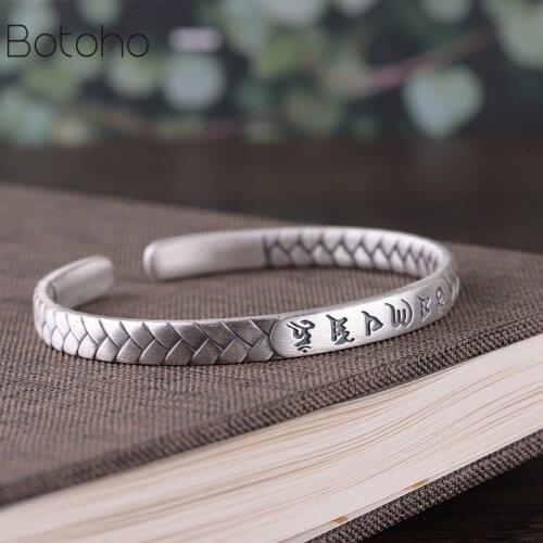 100% 999 Silver colour Cuff Bracelet Pure Silver colour Tibetan Six Words Bracelet Buddhist OM Mani Padme Hum Women Bracele