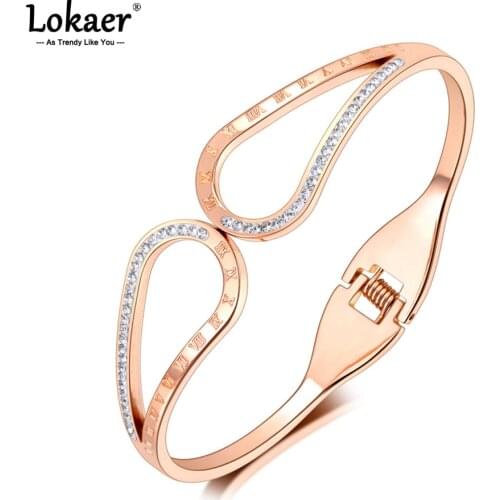 Lokaer Trendy Roman Number CZ Crystal Geometry Charm Bangle For Women Girl Bohemia Stainless Steel Party Bracelet Браслет B21042