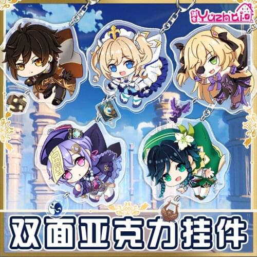 Anime Genshin Impact Mondstadt Venti Qiqi Zhongli Fischl Keychain Acrylic Keyring Cartoon Cosplay Tow Side Pendant Toy Student