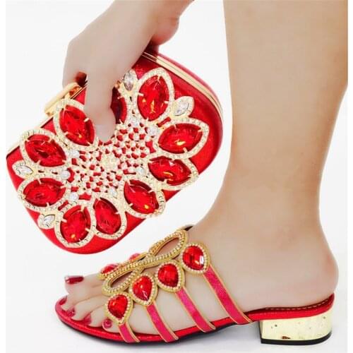 Doershow New Arrival African Wedding Shoes and Bag Set red Color Italian Shoes with Matching Bags Nigerian Women party!!HCK1-27