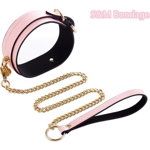 Erotic Leather Bondage Strap of Bdsm Restraint Collar with Metal Chain for Men Women Slave Role Play Traction Flirting Sex Toys