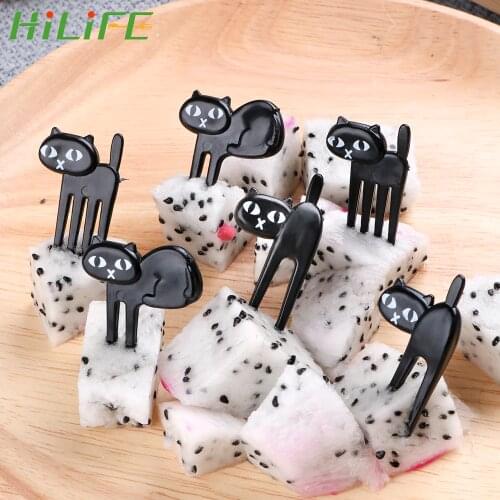 HILIFE Cute 6pcs/pack Party Decor Mini Cartoon Bento Lunches Toothpick Snack Cake Dessert Food Fork Black Cat Fruit Fork
