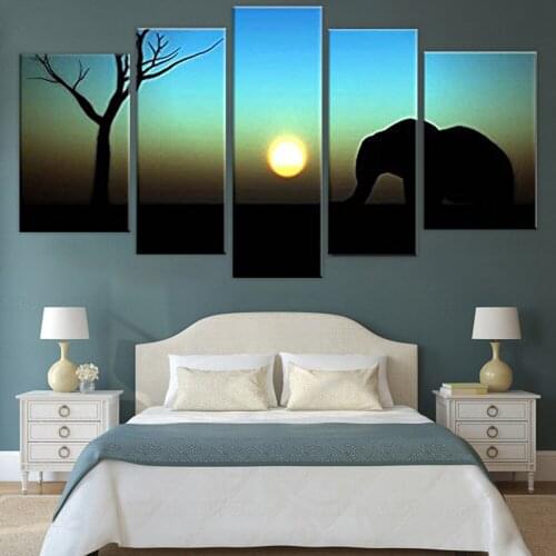 Canvas painting new 5 Piece canvas art Sunrise Elephant Silhouette With A African Sky Background Painting Print On Canvas