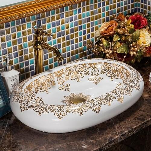 Gold pattern Oval Jingdezhen Bathroom ceramic sink wash basin Counter Top Wash Basin Bathroom Sinks oval lavatory sink