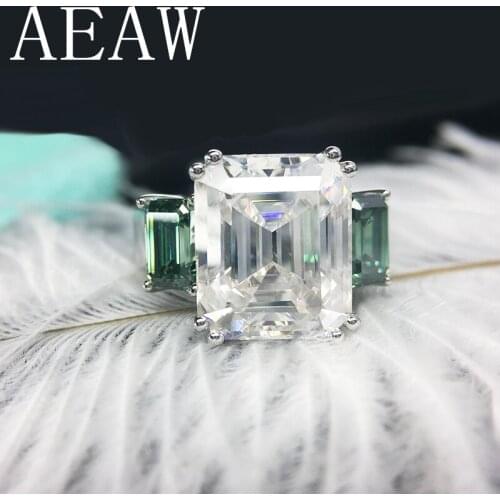 AEAW Solid 14K White Gold 8ctw Moissanite Emerald Baguette Ring And green Moissanite Accent luxury Fine gold jewelry for Women