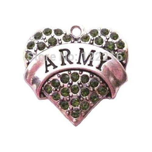 50pcs a lot fashion rhodium plated ARMY with green crystal heart Pendant