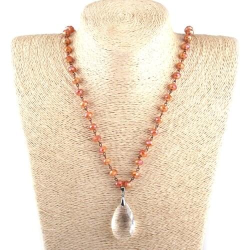 MOODPC Fashion Bohemian Tribal Jewelry Glass Crystal Rosary Chain White Crystal Pendant Necklaces