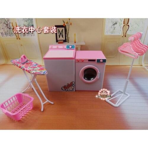 For Barbie Doll Furniture Accessories Plastic Toy Washing Machine Dry Cleaner Set Iron Hanger Clothes Pole Holiday Gift Girl DIY